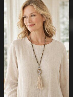 J Jill Beaded Necklace Agate Pendant Tassel Long Boho Statement Neutral Resort